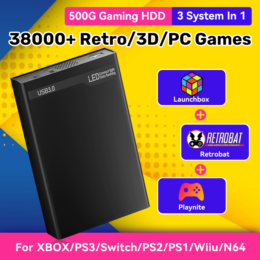 Retro Gaming Hard Drive - Mix500G Taşınabilir Oyun Sabit Diski N64/PS3/PS2/Switch/PS1/Xbox/DC